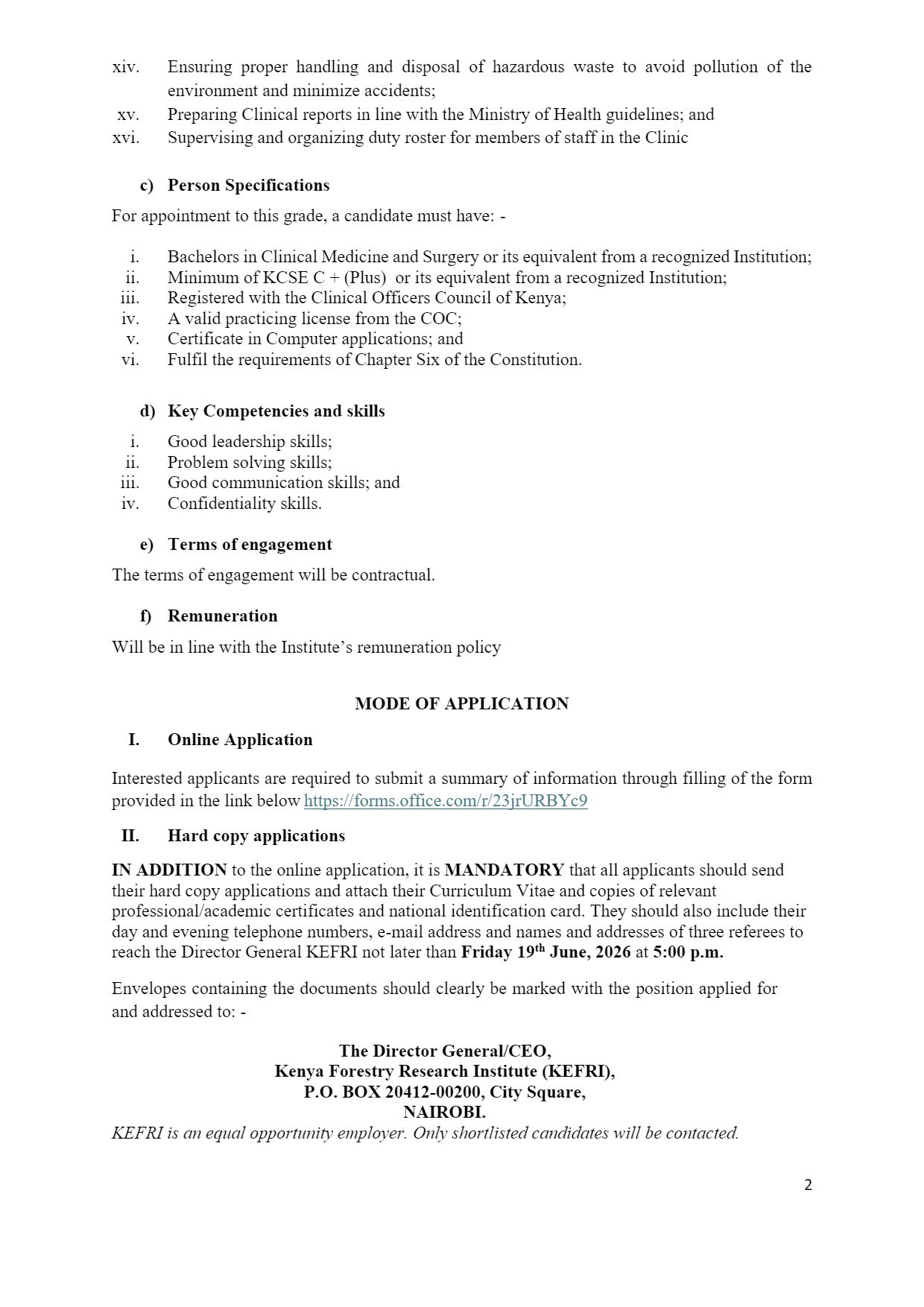 KEFRI Clinical Officer Vacancy Notice